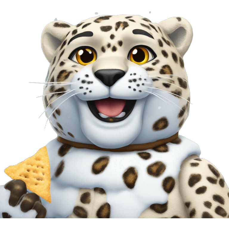 A leopard snowman, eating crisps  in the snow emoji