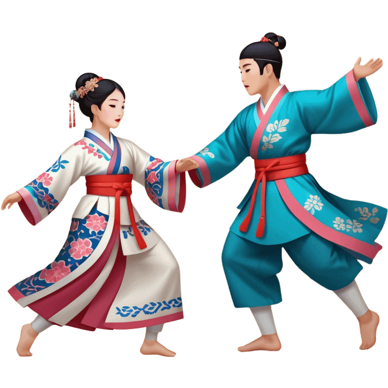 Cinematic Realistic scene of two performers engaging in Ganggangsullae, dressed in traditional Korean costumes with intricate patterns and graceful movements, illuminated by soft, festive lighting that accentuates the cultural ambiance emoji