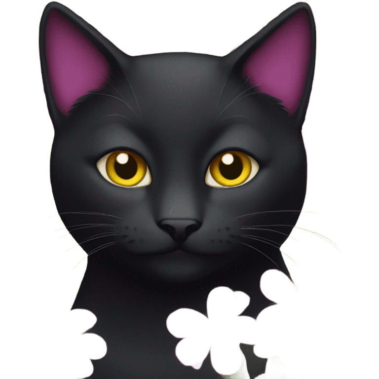 Black cat yellow eyes with pink and purple flowers  emoji