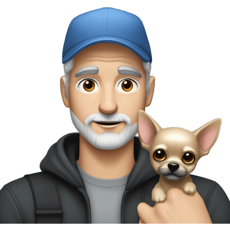 Handsome blue eyed man, with grey hair, and grey goatee beard, wearing ball cap and holding a long haired black chihuahua emoji