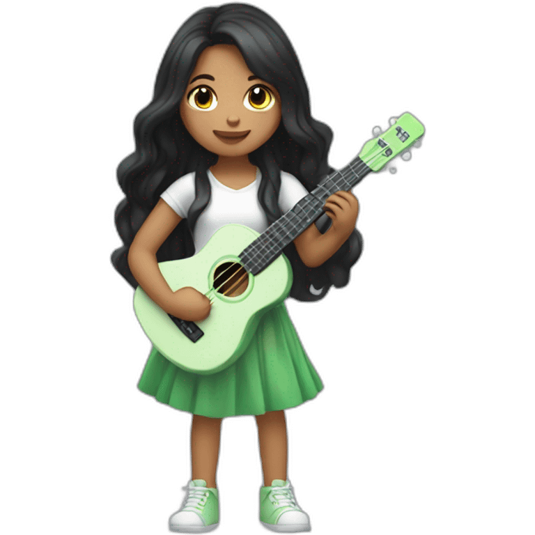 black-long-haired-fair-skin-girl-with-white-tshirt-playing-green-colored-ukulele emoji