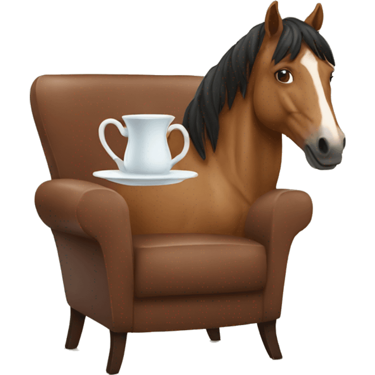 horse drinking tea looking at camera sitting in a chair emoji