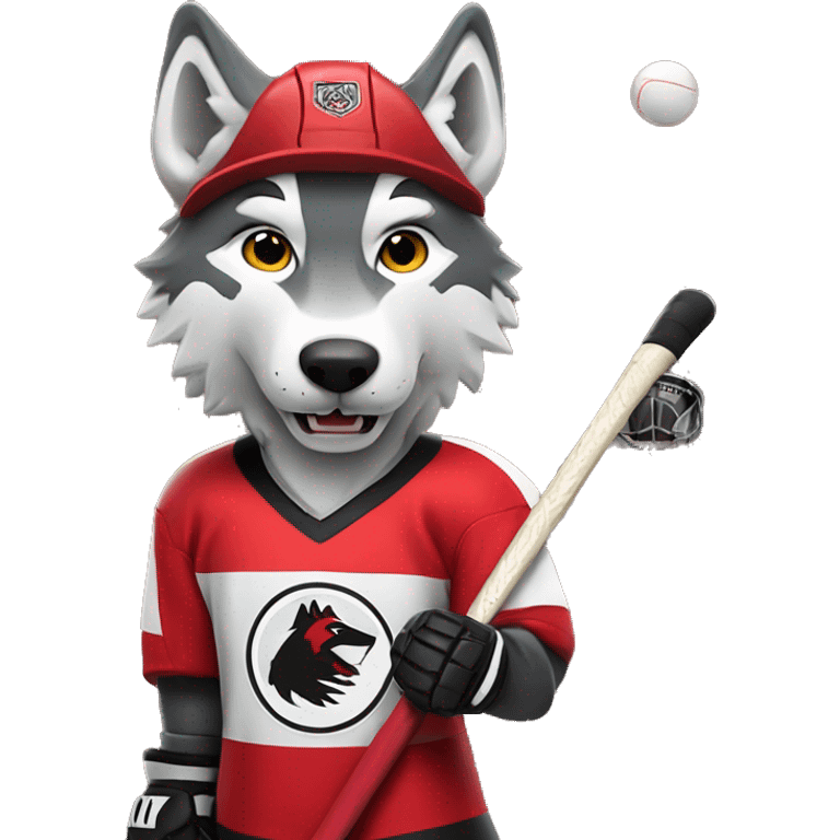 A wolf in a red black and white hockey uniform with a wolf emblem is playing hockey emoji