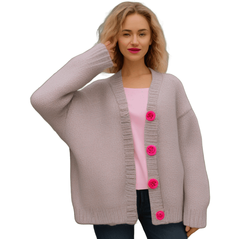 Sage oversize wool open short cardigan with pink buttons, isolated emoji