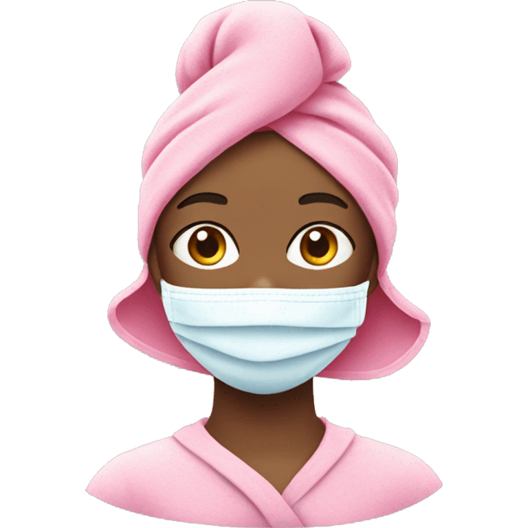 Girl with towel on head and pink face mask on emoji