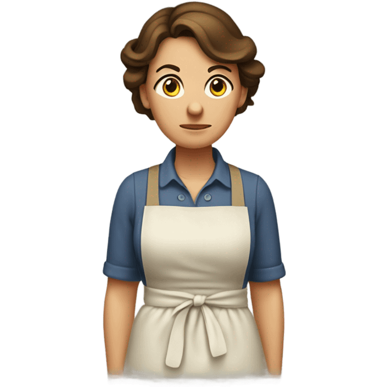 "A middle-aged woman with tired eyes, brown hair tied back, and a warm but worried look. She wears a simple dress with an apron." emoji