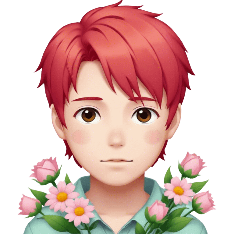 Gorgeous pastel red hair anime style shojo guy with blushing face and flowers aesthetic trending style outside emoji