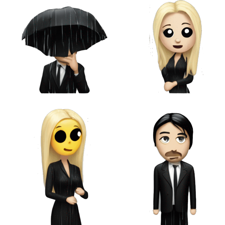 Realistic silkstone morticia addams kissing sweetly Kurt Cobain in the rain. emoji