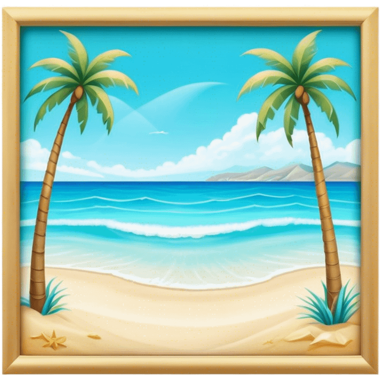 Cinematic Realistic Pristine Crystal-Clear Water Beach Emoji in a wooden frame, Sunny and radiant, with soft golden sand stretching endlessly, gently lapping waves of crystal-clear turquoise water washing onto the shore. The water is so transparent it reveals the shimmering seabed below, creating an idyllic, pristine setting. Above, the sky is a vivid blue, with a few gentle wisps of clouds. Palm trees sway gracefully in the warm breeze, their reflections mirrored in the water. Soft glowing outline, capturing the essence of a peaceful, serene beach paradise where every element gleams with natural beauty. emoji