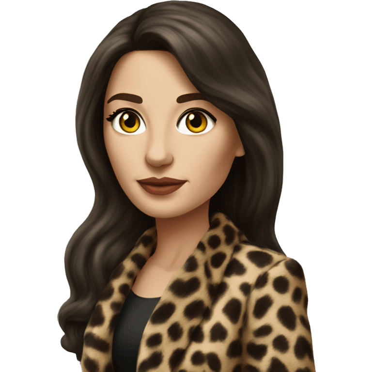 Beautiful realistic brunette long hair mob wife with leopard coat no smile  emoji