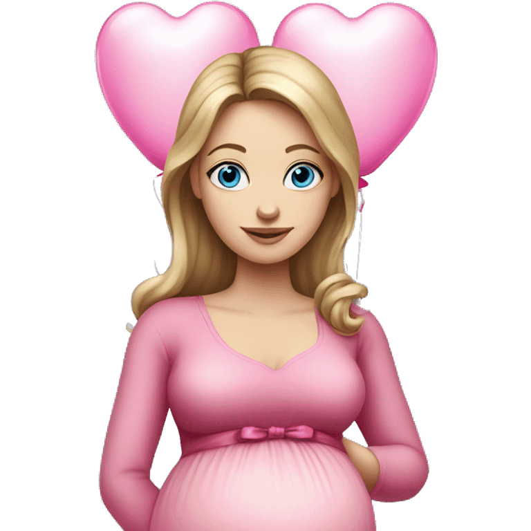 White pregnant woman with blue eyes and Dark blond hair, pink dress with bow. She is standing holding two  pink heart ballons.  emoji