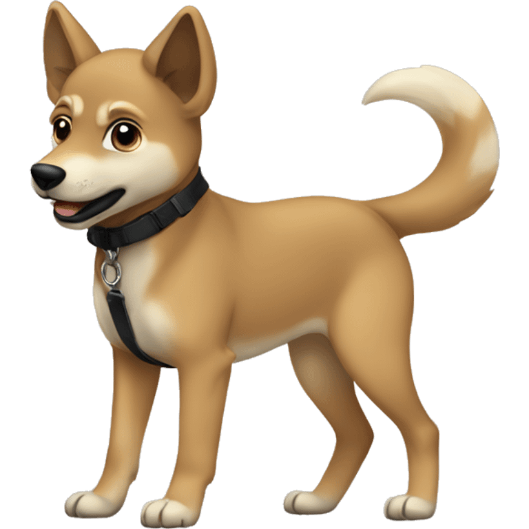 4 short legs a light brown puppy-like wolf with black  ears with black leash  is walking emoji