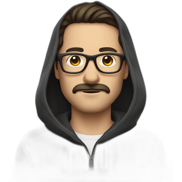 White man dark straight hair moustache, wearing a hoodie, glasses emoji