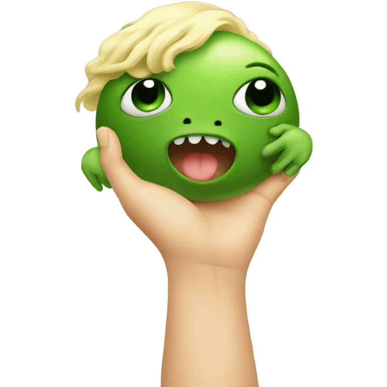 Little blonde baby holding hands with a big green one eyed monster emoji