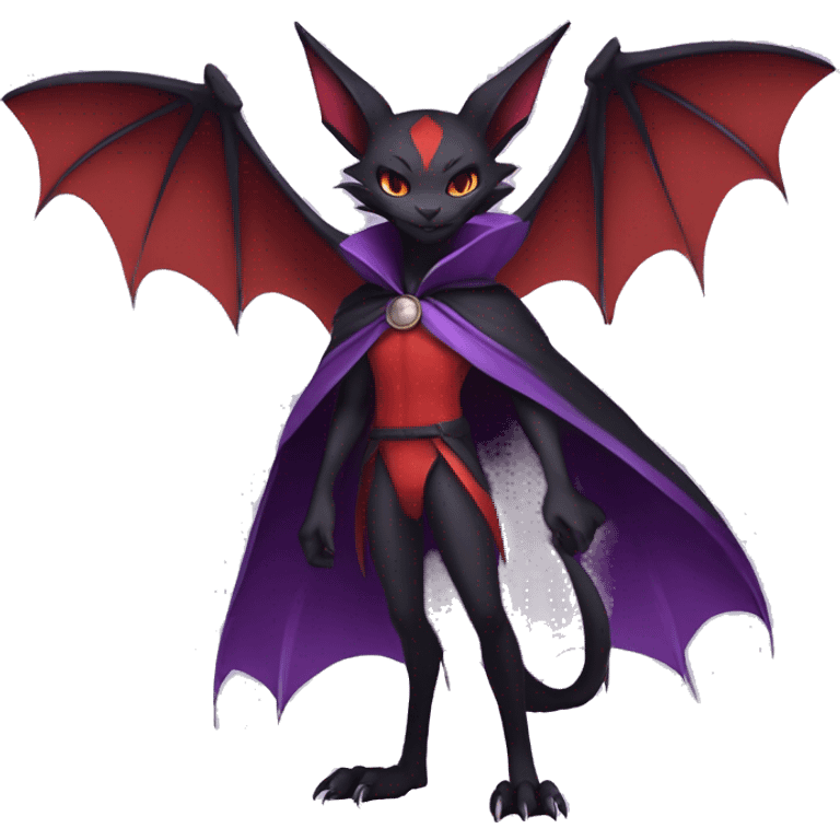  Black Red Purple Anthro Kawaii Edgy Cool Vampiric Demonic Beautiful Noivern-Nargacuga-Litten with big Bat Ears and wearing a cape and collar full body emoji