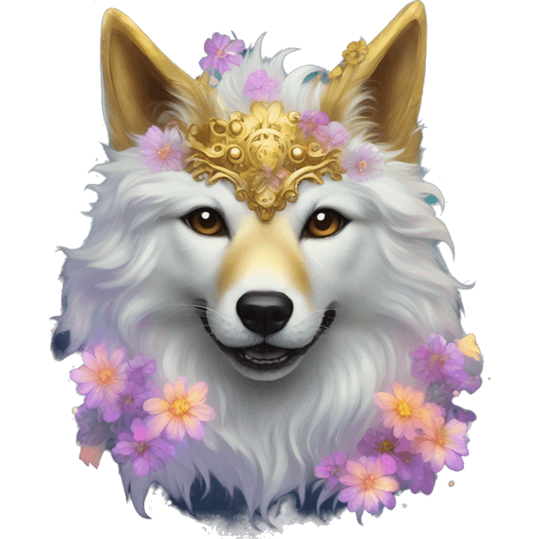 iridescent fluffy dog fox head zombie skull skeleton gold mechanical nebula galaxy stars colorful flowers fairy lights vintage emoji