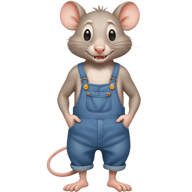 cartoon stupid drunk hillbilly rat wearing overalls no shirt. standing and talking full body. human eyes. teeth showing emoji