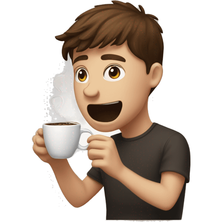 a white, brown haired boy chugging down coffee from a massive jug, coffee is all over him  emoji