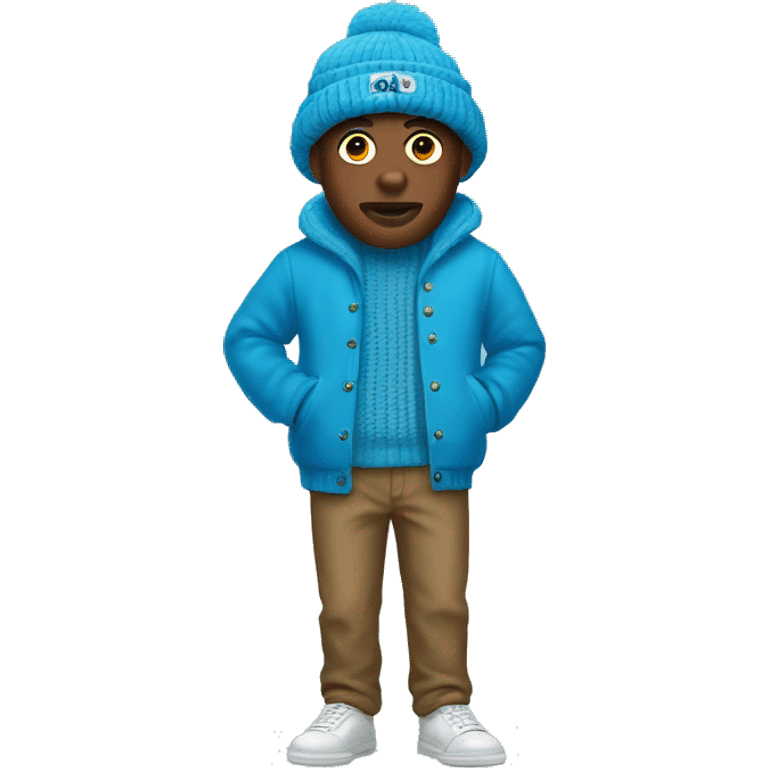 tyler the creator in a blue cardigan and a blue ushanka emoji