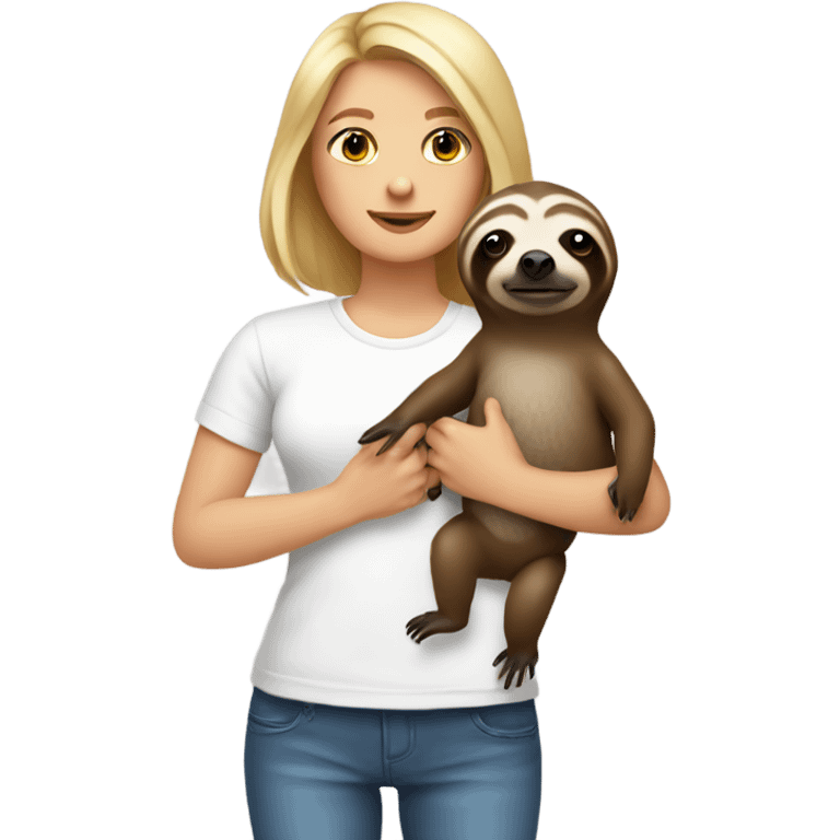 Lady with shoulder length blonde hair in white t-shirt holding a sloth emoji