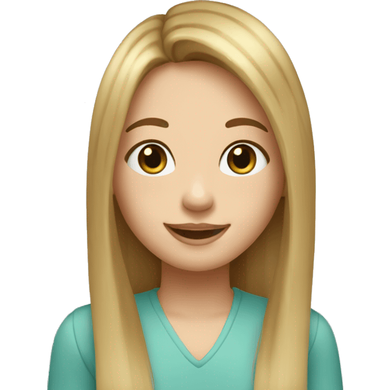 happy girl with porcelain face and FRECKLES, blue-green eyes, long straight brown hair with blonde highlights and curtain bangs emoji