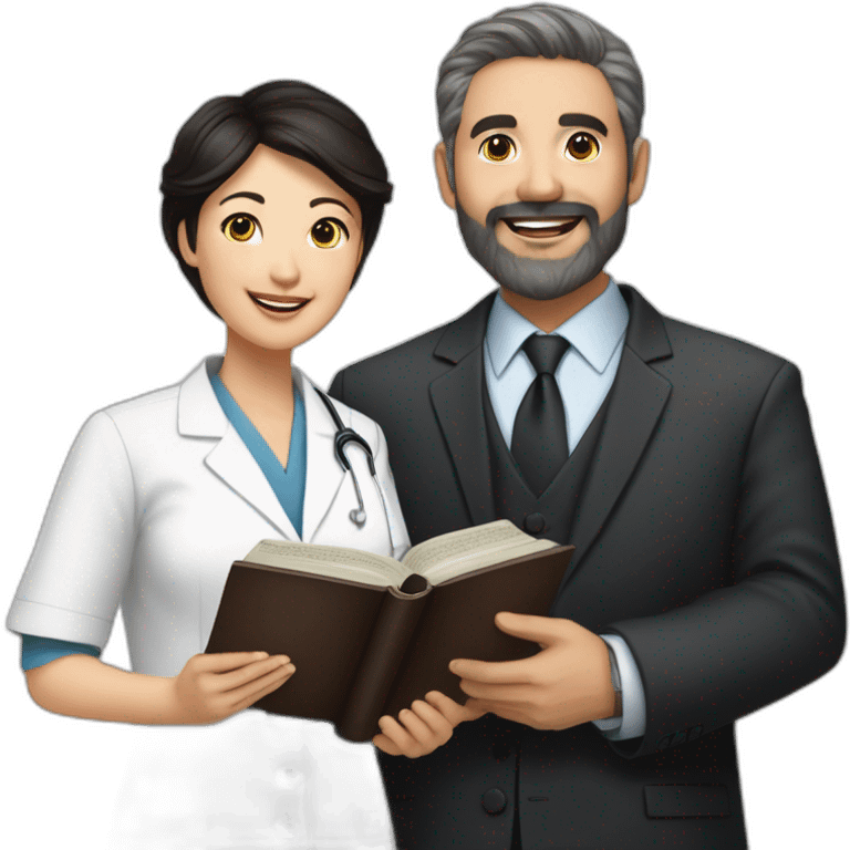 husband age 50 dark brown hair trimmed beard wearing dark business suit holding bible, wife asian age 50 black hair wearing nurse uniform, no children emoji