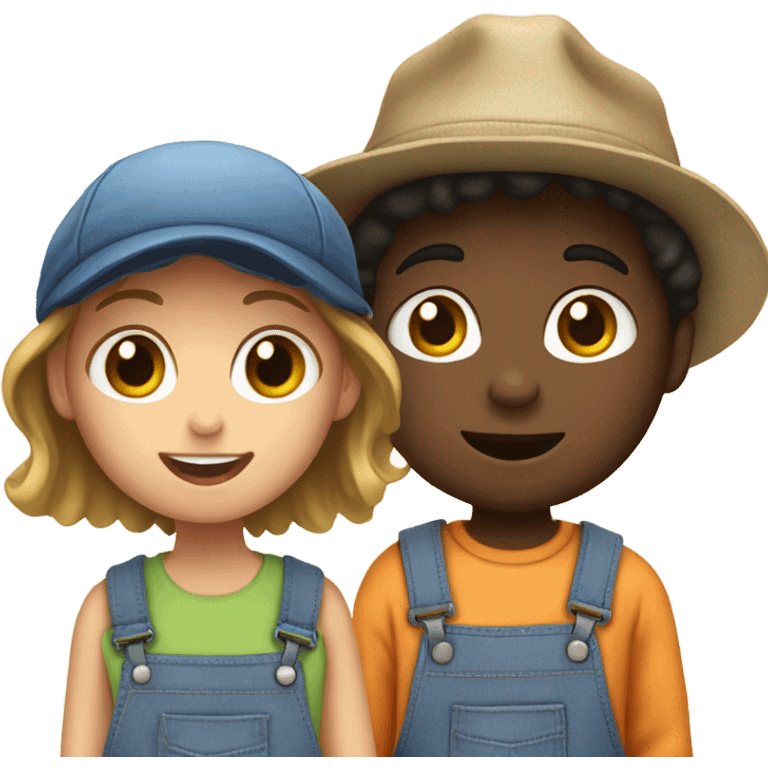 boys in overalls with hats. Person on left is a girl emoji