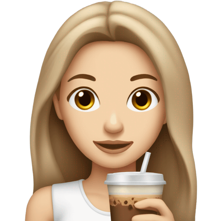 Beautiful white woman, long light brown hair, brown eyes, cozy holding an iced coffee emoji