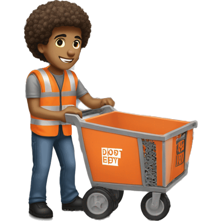 Light Skin Male with Small Afro from Home Depot wearing orange pro loader vest pushing a home depot orange cart at home depot emoji