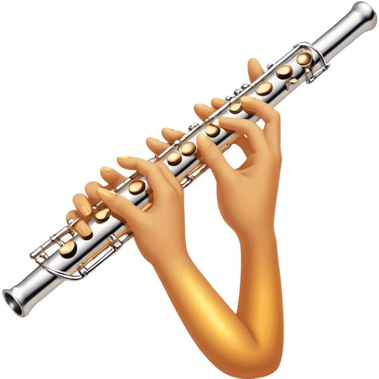 Cinematic Realistic Flute, polished silver metal with precise keywork, warm golden reflections dancing along its surface, soft hands carefully positioned over the keys, glowing with an elegant and airy charm. emoji