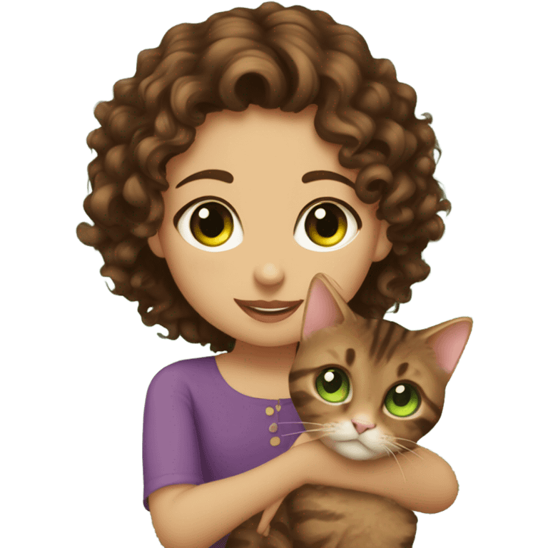 Dark brown curly haired girl with hazel eyes kissing a brown tabby cat with green eyes emoji