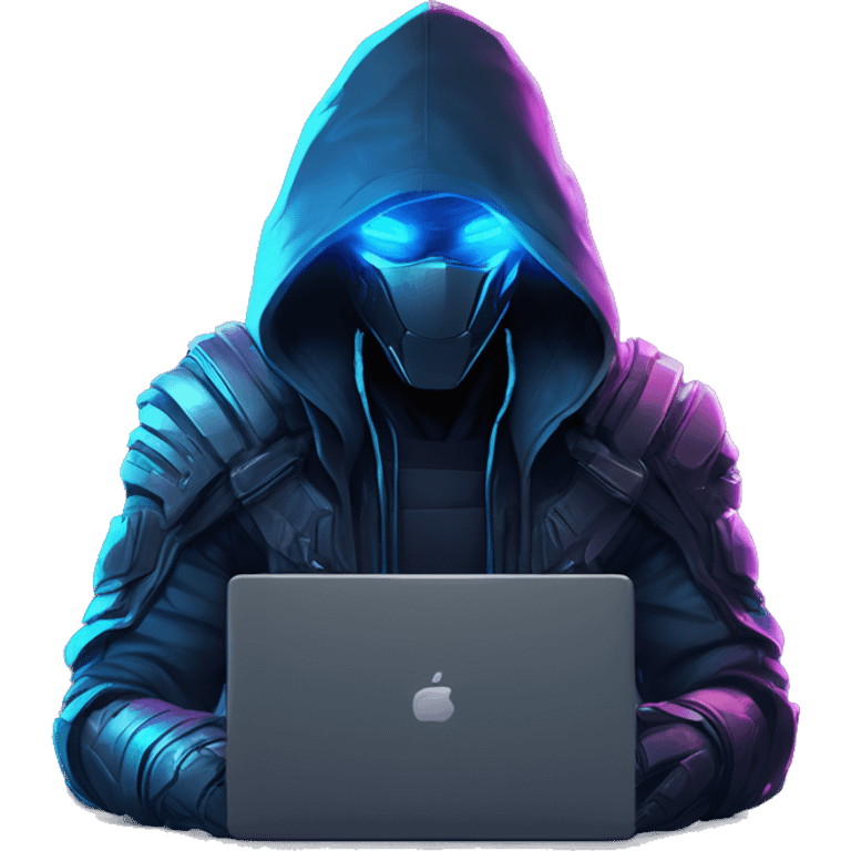 developer behind his laptop with this style : crysis Cyberpunk Riot Games Valorant neon glowing bright blue character blue black hooded assassin themed character emoji