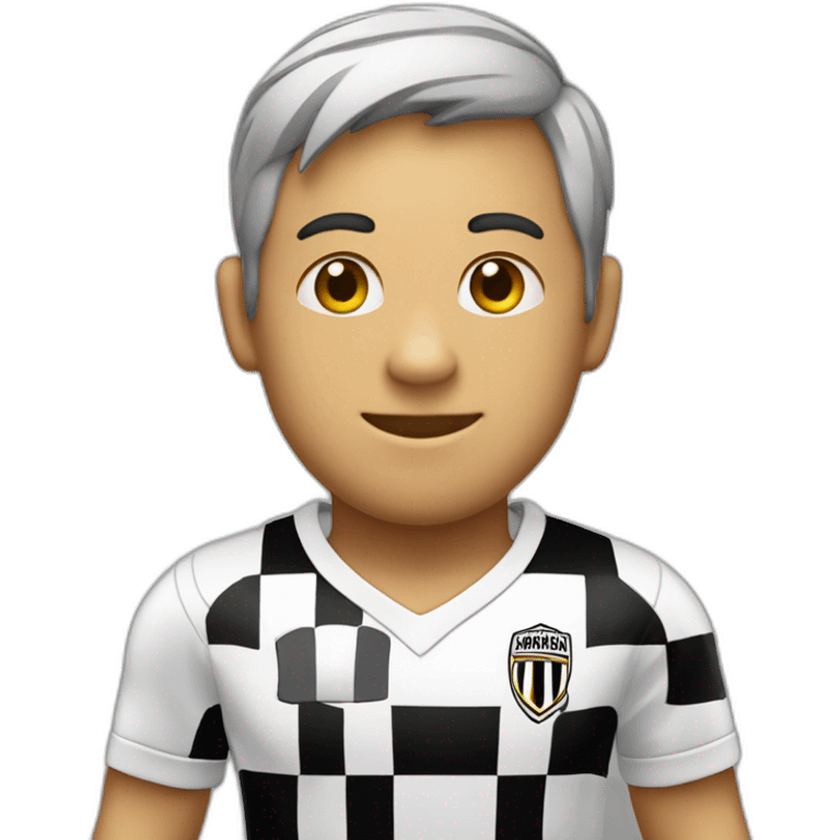 Um menino com a camisa de Futebol listrada em preto e branco sem escudo emoji