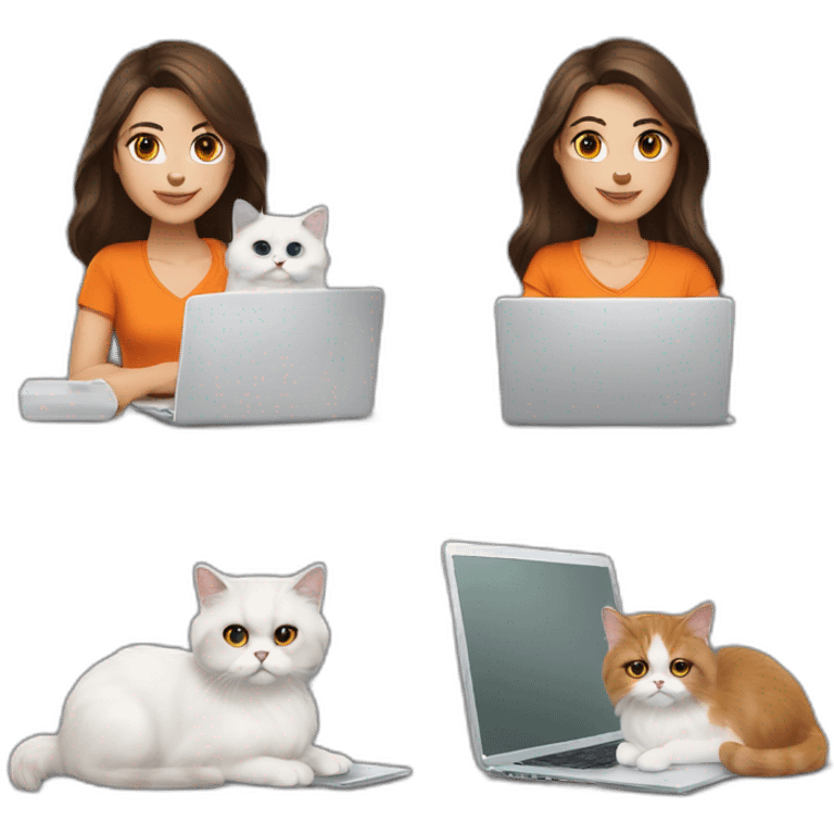 medium length hair brunette with laptop and with white and orange persian cat emoji