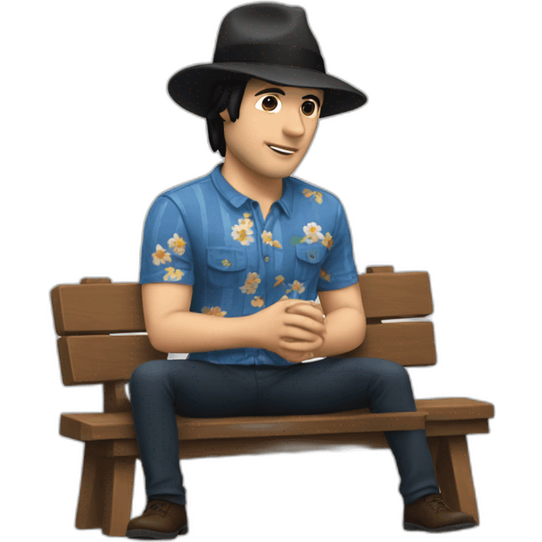 White Man with black hair, strip blue flowered shirt, brown hat, setting on a bench emoji