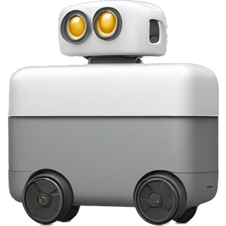 solid horizontal rectangle gray delivery robot with white circle white led eyes and opening lid on 4 wheels with food, minimalistic design emoji