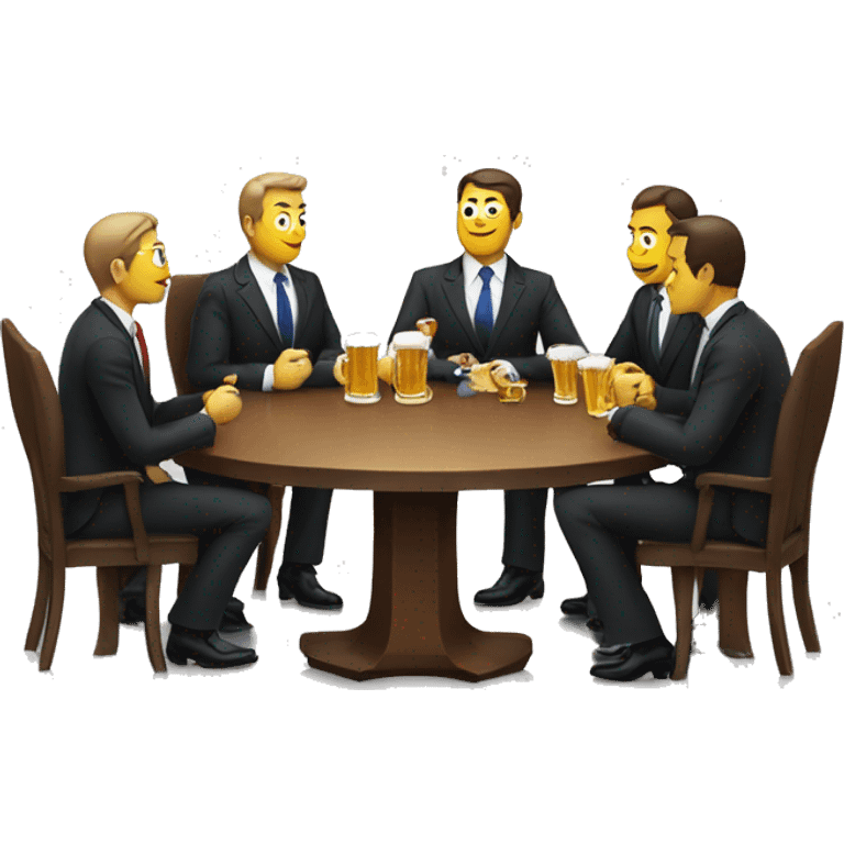 a business meeting of serious businessmen in suits at a round table, drinking beer. emoji