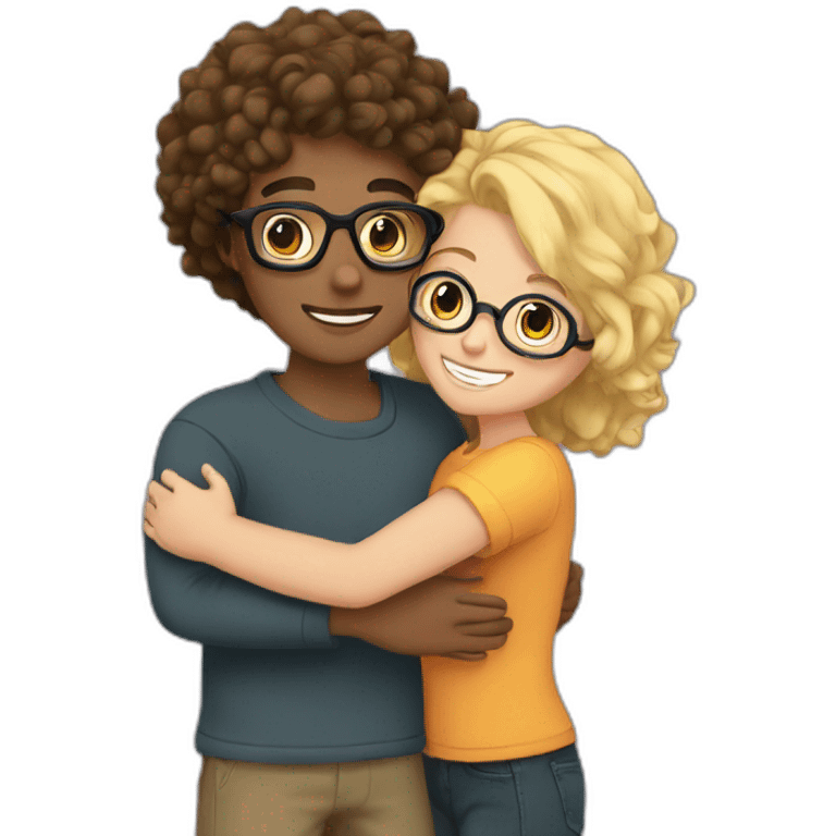 boy with curly blonde hair and glasses hugging girl with black hair and glasses emoji