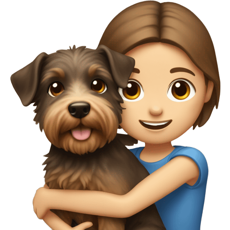 Yorkshite terrier being held by a girl with brown hair, brown eyes and fair skin. emoji