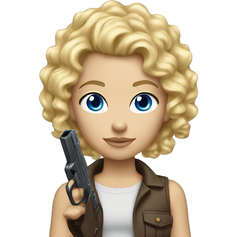 blonde curly hair blue eyes with shot gun emoji