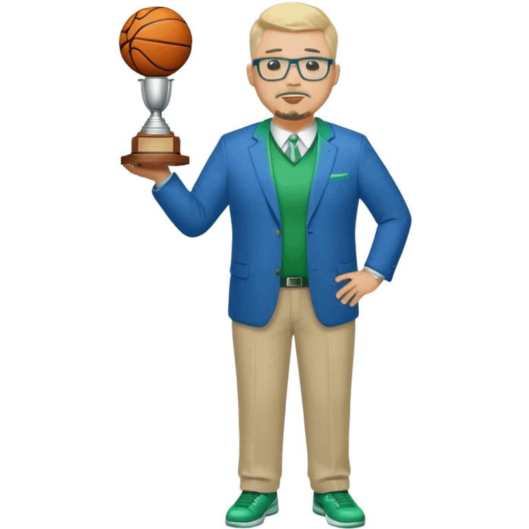 Full Body white fat male  wearing glasses with a goatee with light blonde gray very short hair basketball head Coach in blue and green suit holding trophy emoji