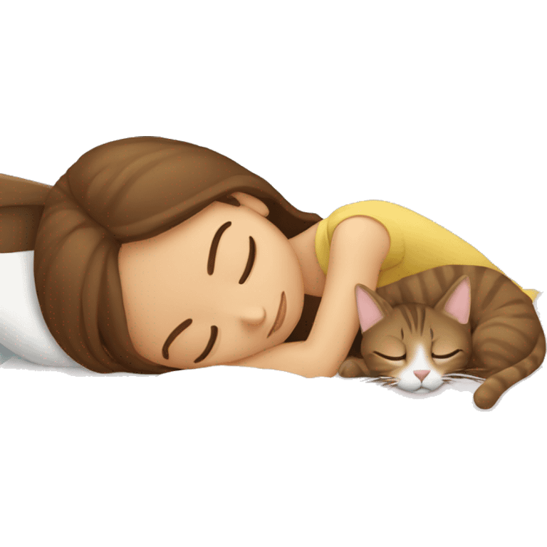 brown haired girl sleeping with tabby brown cat in bed emoji