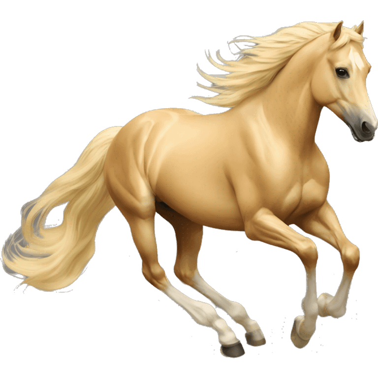 Yellow palomino horse with long flowing mane galloping with prosthetic leg, slender horse, solid yellow horse, running, yellow horse galloping with prosthetic leg, pretty horse emoji