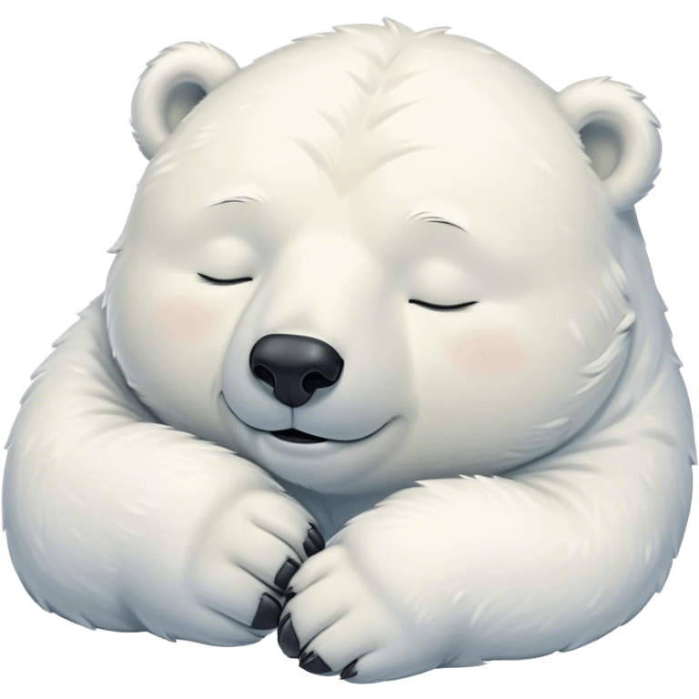 Meme-Worthy cute Sleeping Polar Bear Portrait Emoji, Head resting peacefully with a contented smile, showcasing a luxuriously soft snowy coat and eyes closed in serene slumber, Simplified yet hilariously adorable features, highly detailed, glowing with a soft, drowsy polar light, high shine, relaxed and utterly lovable, stylized with an air of playful laziness, bright and heartwarming, soft glowing outline, capturing the essence of a sleeping polar guardian that feels destined to become the next viral sensation of adorable rest! emoji