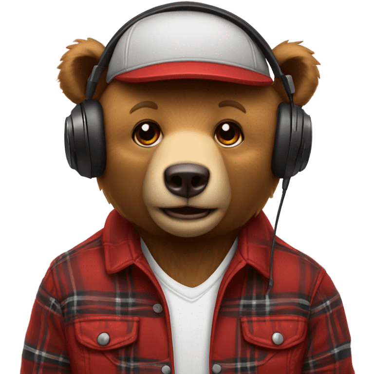 Bear wearing a red plaid jacket white shirt headphones and a hat backwards emoji