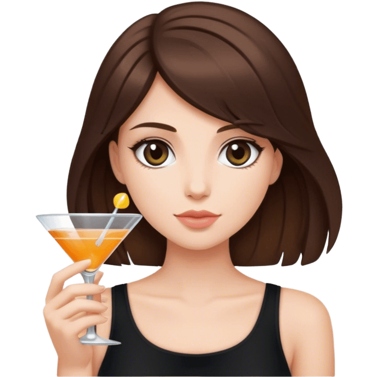 brunette hair down girl black top holding a cosmo emoji