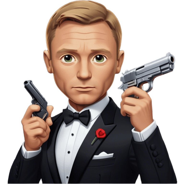 Cinematic Realistic James Bond Daniel Craig Portrait Emoji, depicted as the ultimate suave and enigmatic secret agent, donning a sharply tailored tuxedo, gripping a sleek handgun, with a piercing gaze that exudes confidence and danger. The scene is infused with moody, high-contrast cinematic lighting, evoking the thrilling world of espionage and intrigue. emoji