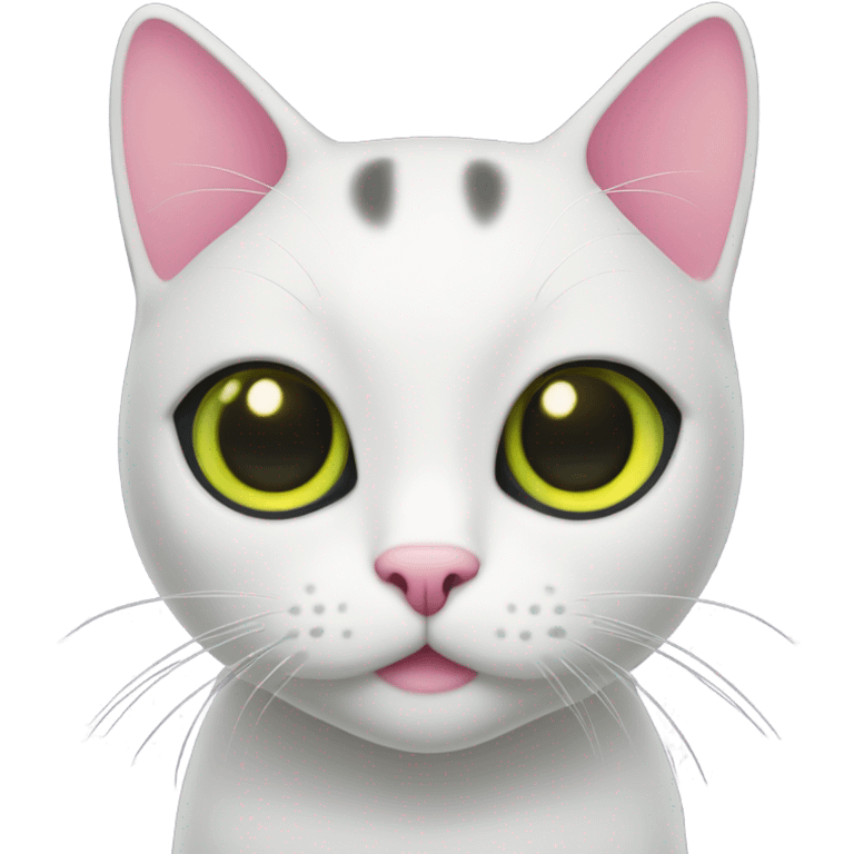 black shorthair cat with pink ears on the inside and eyes that are green around the pupil and yellow around the green collar emoji