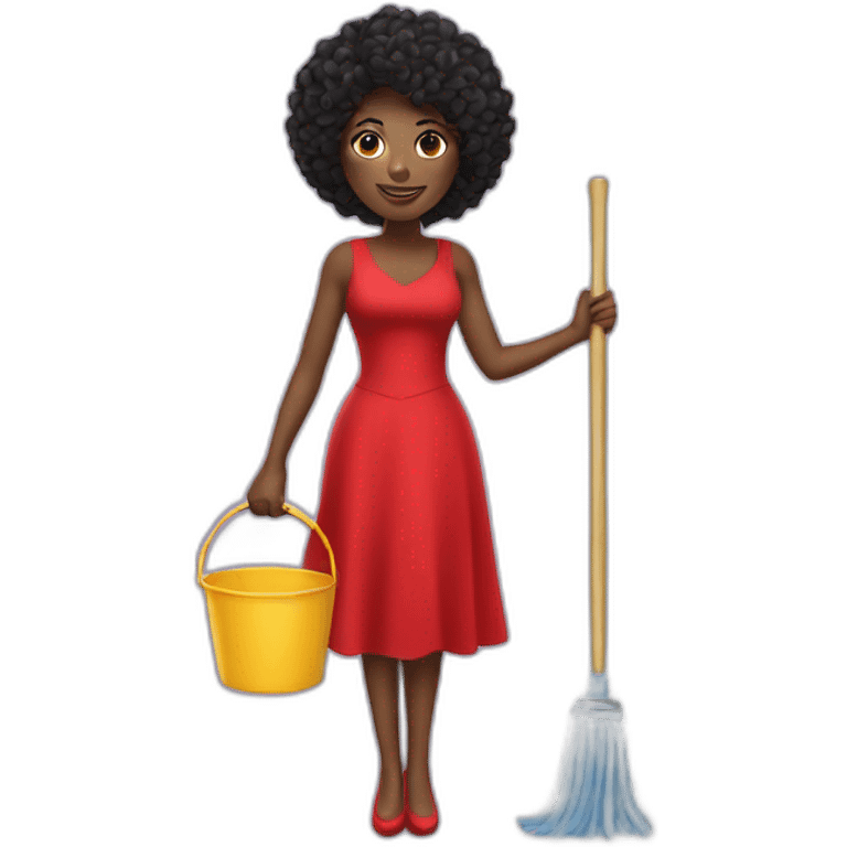 pretty black lady in a red dress holding a bucket and a mop emoji