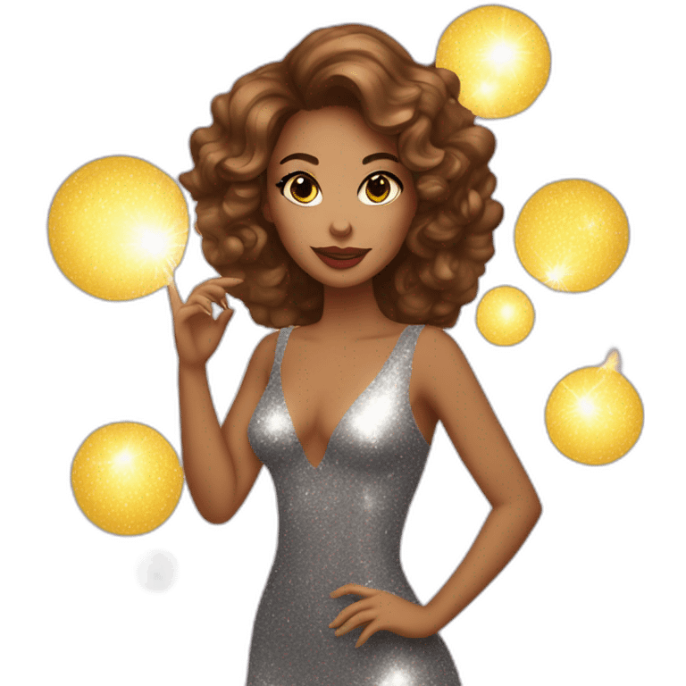 female with brown wavy hair dressed in a glitter dress and makeup, with disco ball emoji